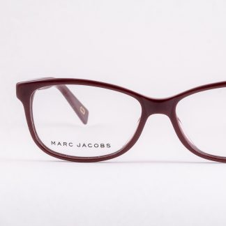 bordowe okulary damskie Marc Jacobs niskie prostokątne eleganckie klasyczne markowe oprawki w kolorze wina do owalnej okrągłej twarzy